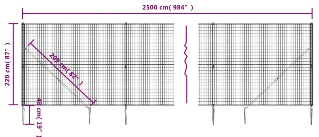 Cerca de malha de arame c/ estacas de fixação 2,2x25m antracite