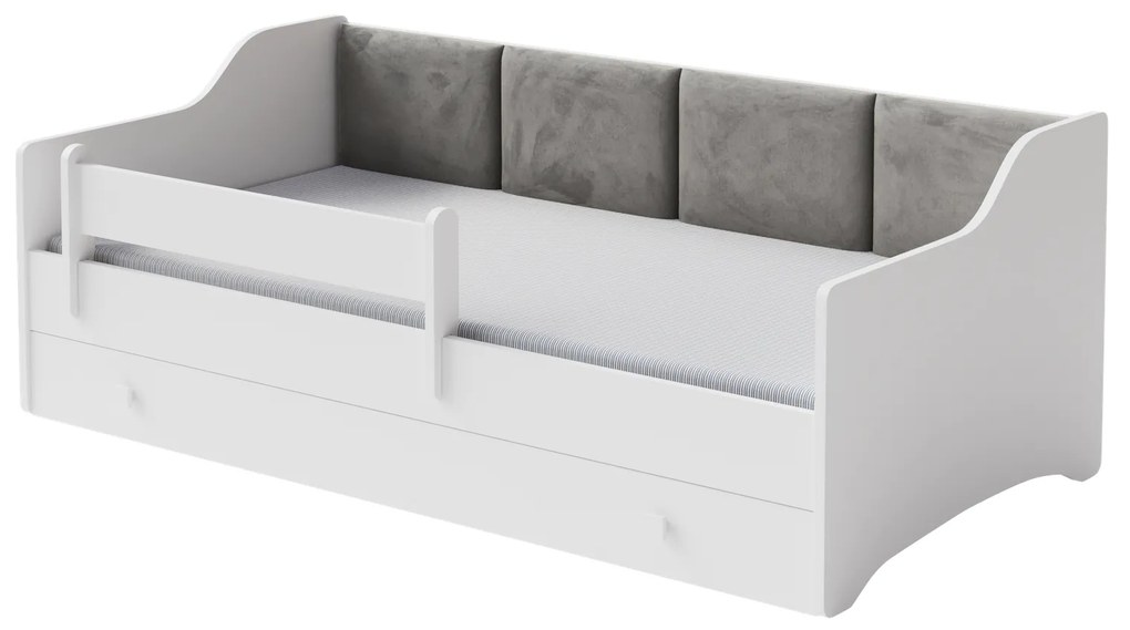 Cama infantil/individual Erik 160x80 branca - painel cinzento - colchão e estrado incluído
