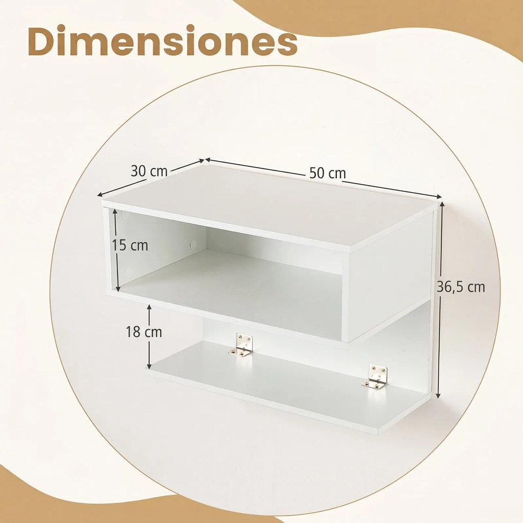 Mesa de Cabeceira Flutuante, 50 x 30 x 36,5 cm, 2 Compartimentos Abertos, Branco