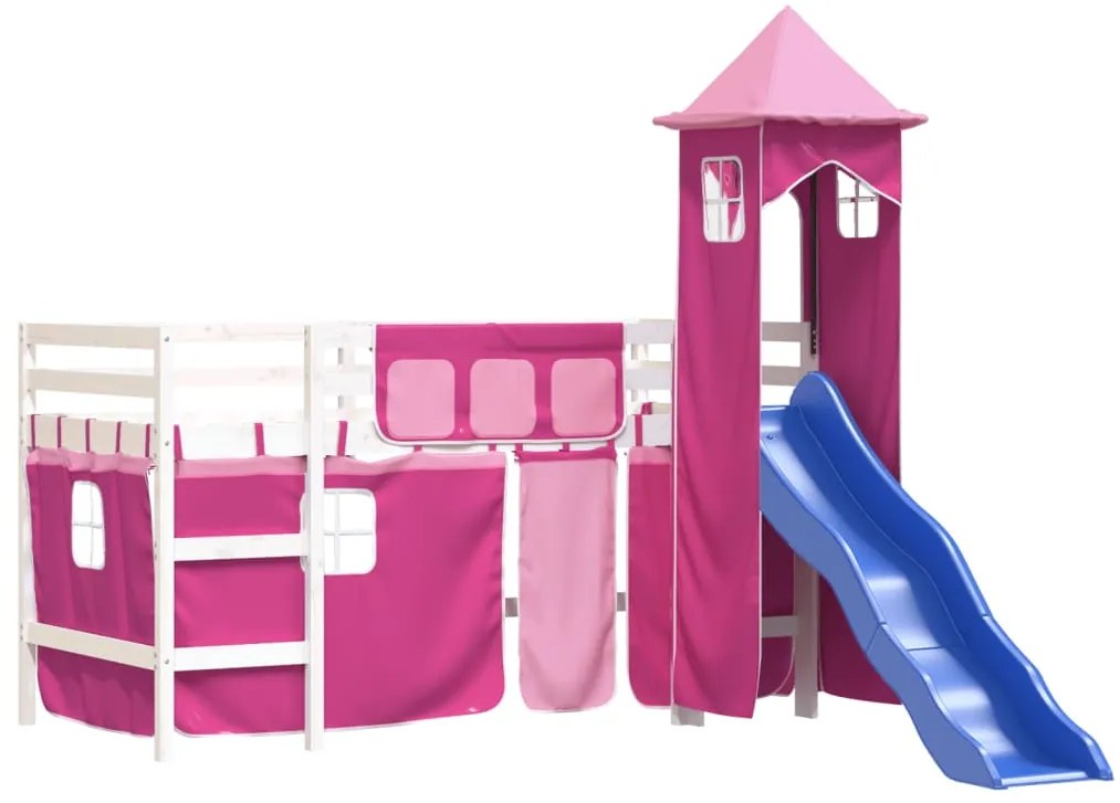 Cama alta para criança com torre 80x200 cm pinho maciço rosa