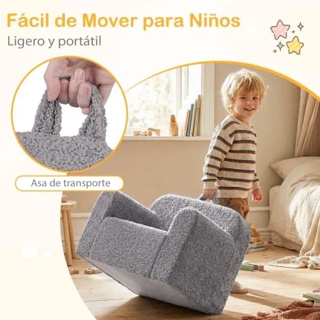 Sofá para crianças, espuma de alta densidade, capa de pelúcia com fecho, lavável, alça de transporte, antiderrapante, a partir dos 3 anos, cinzento