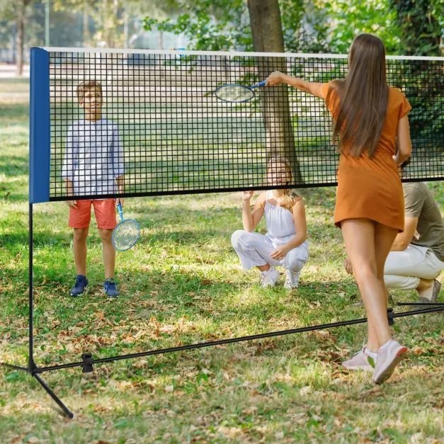 Rede de badminton 310 cm portátil ajustável em altura com postes, bolsa de transporte e 2 penas para interior e exterior azul.