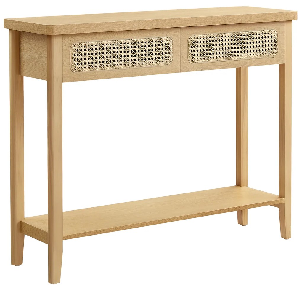 Mesa de console VASAGLE para corredor, mesa de sofá fina para sala de estar, mesa de corredor com 2 gavetas, prateleira aberta, cantos arredondados, estilo boho, carvalho bege LNT016Y57