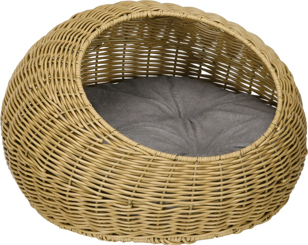 PawHut Toca para Gatos com Almofada Lavável, para Animais até 4 kg, Interior, Rattan sintético, Ø50 x 31 cm, Marrom claro | Aosom Portugal