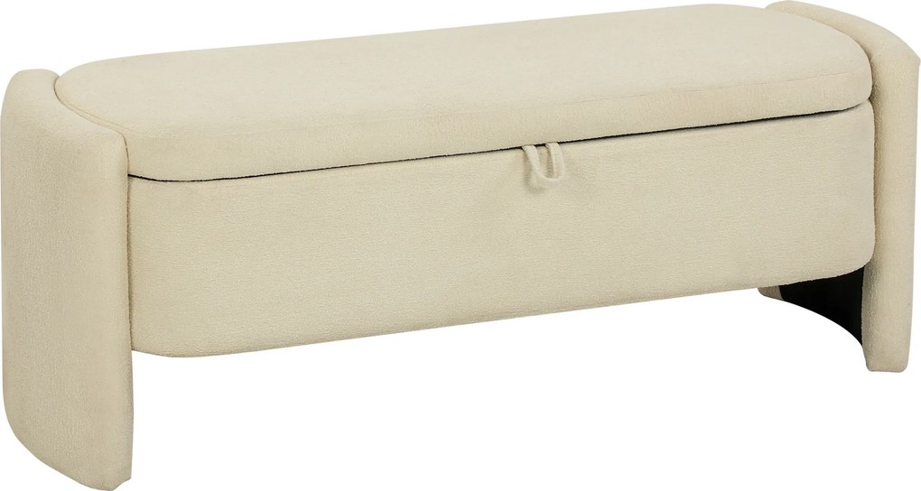 Banco de cabeceira, 118 x 42 x 45 cm, banco com arrumação estofado em tecido felpudo, pés em madeira de eucalipto, creme