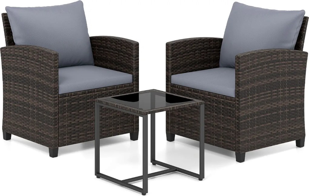 Conjunto de 3 móveis de rattan para jardim, com 2 cadeiras, mesa de vidro e almofadas pretas com capas removíveis, para jardim, terraço ou piscina Cas
