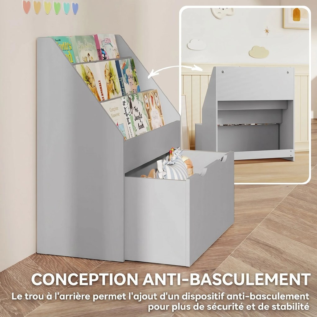 Estante infantil com vários compartimentos, com 3 níveis de prateleiras e uma gaveta, 62,5 L x 30 L x 70 A cm, cinzenta