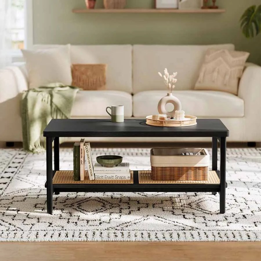 Mesa de centro de 2 níveis com espaço de arrumação estilo Boho Preto cinza