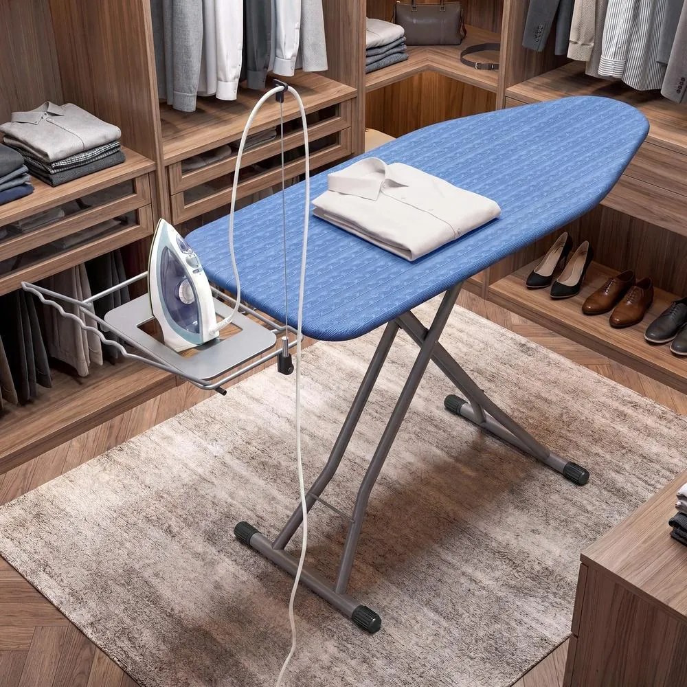 Tabua de engomar dobrável, 160 x 48,5 x (75-92) cm com altura ajustável e suporte para cabos azul-preto