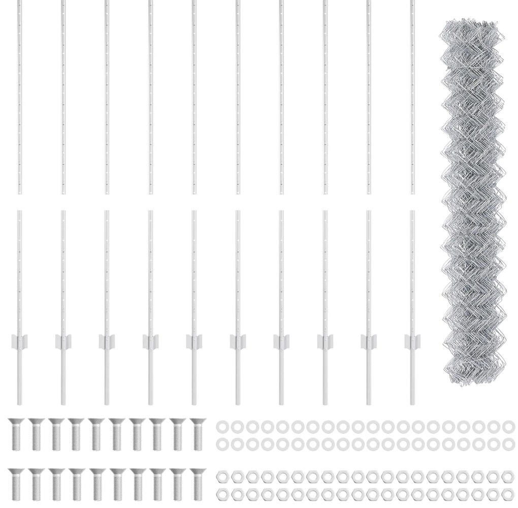 Cerca de Chain Link com 20 U Posts Prateado 1.4x10 m Aço