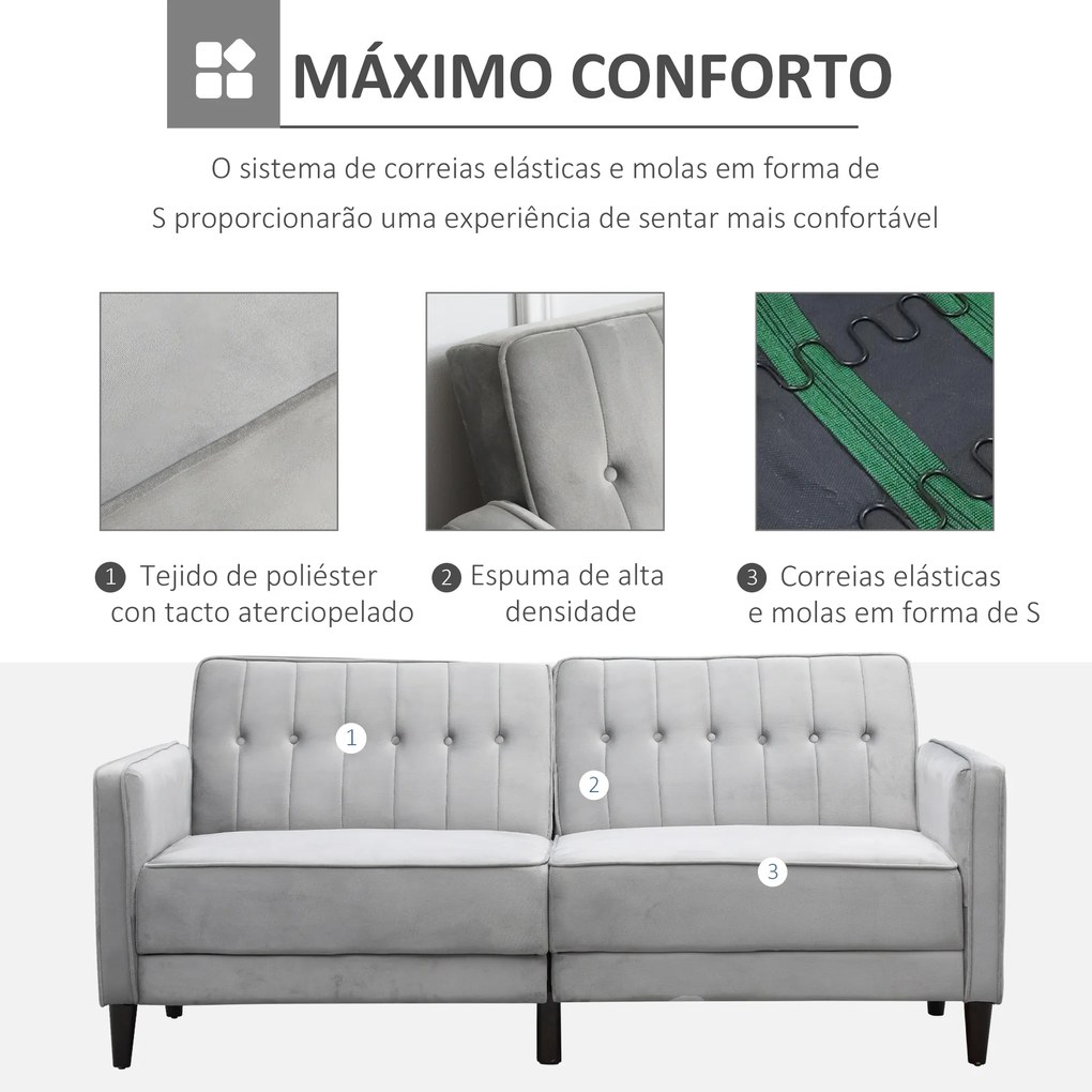 HOMCOM Sofá de 2 Lugares Convertível em Cama Estofado Aveludado com Encosto Ajustável e Pés de Madeira para Sala de Estar Escritório 189x81x83,5cm Cinza