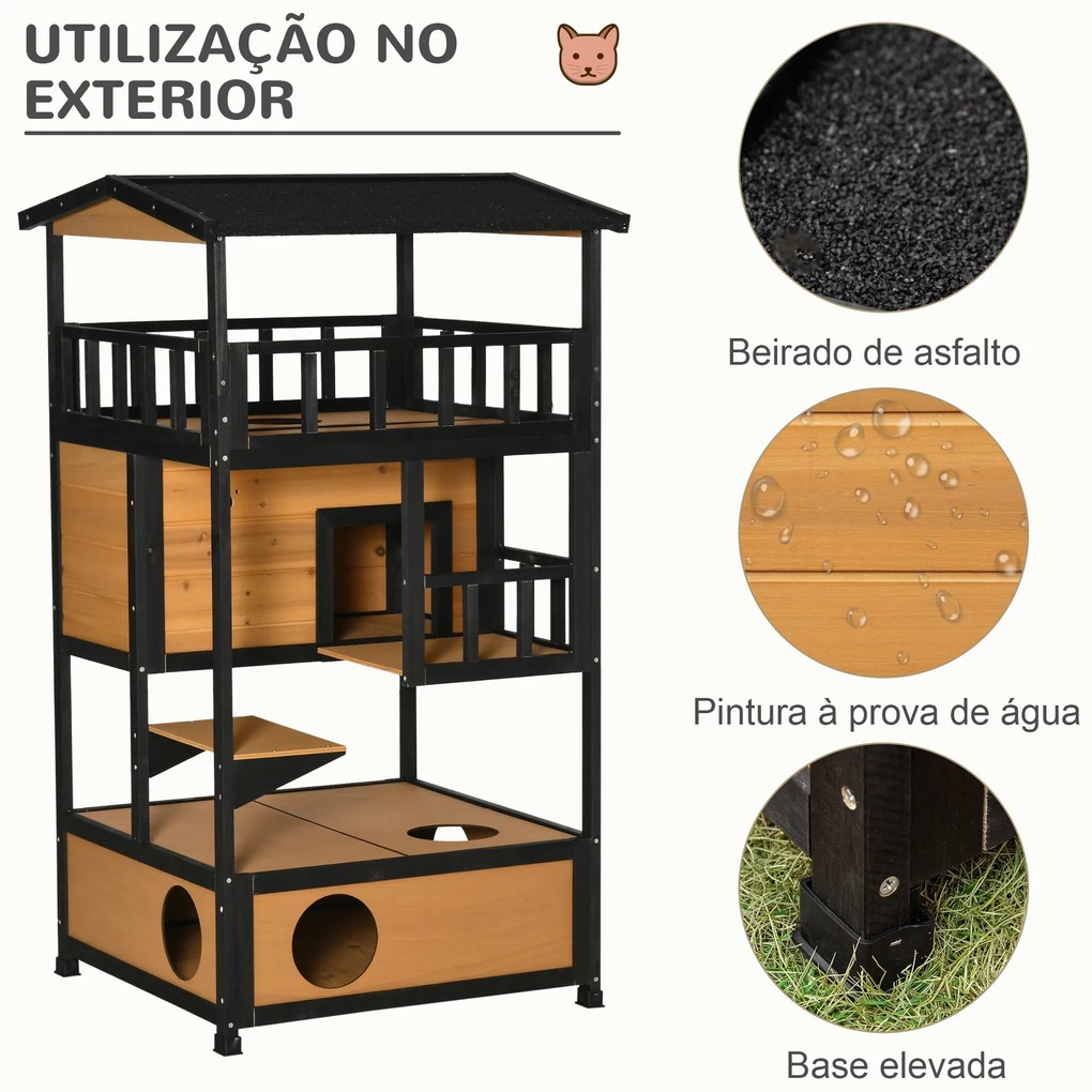 Casa para Gatos de Madeira 75,5x75x137 cm Abrigo para Gatos com Telhado Asfáltico Plataformas e Ninho Natural