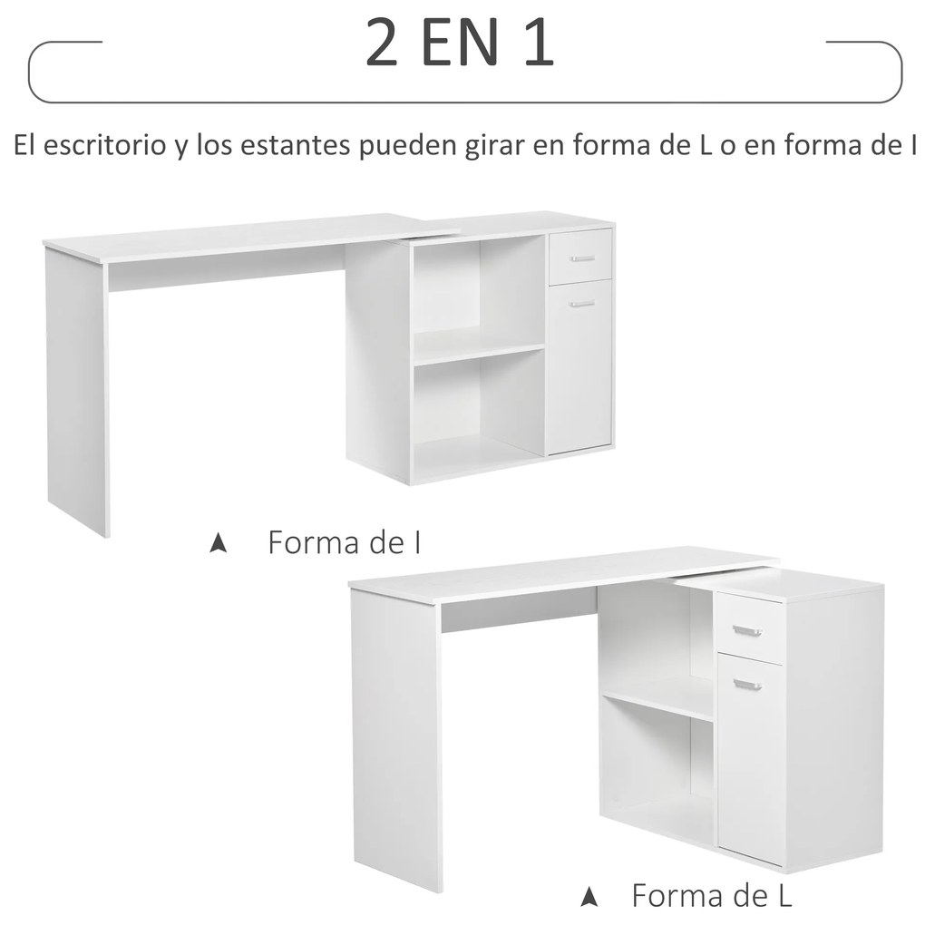 HOMCOM Secretária de Canto Secretária Giratória 180º com 2 Prateleiras 1 Gaveta 1 Armário para Escritório Casa 117x82x74cm Branco