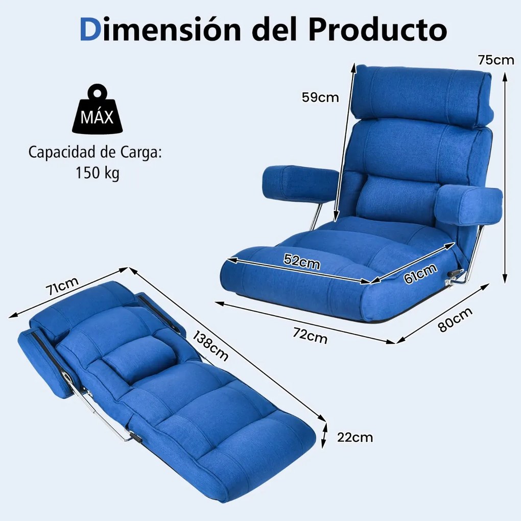 Sofá chão dobrável com encosto ajustável em 6 posições Encosto de cabeça/descanso lombar Azul