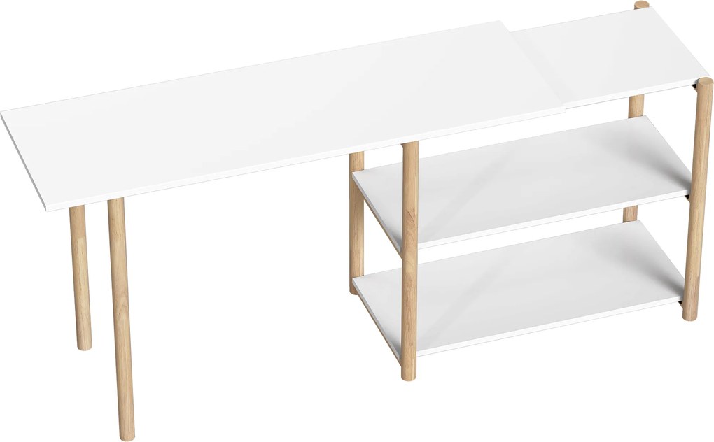 HOMCOM Secretária de Canto Dobrável em L 150 cm com Prateleiras e Estrutura em Bambu para Quarto e Estúdio, Branco | Aosom Portugal