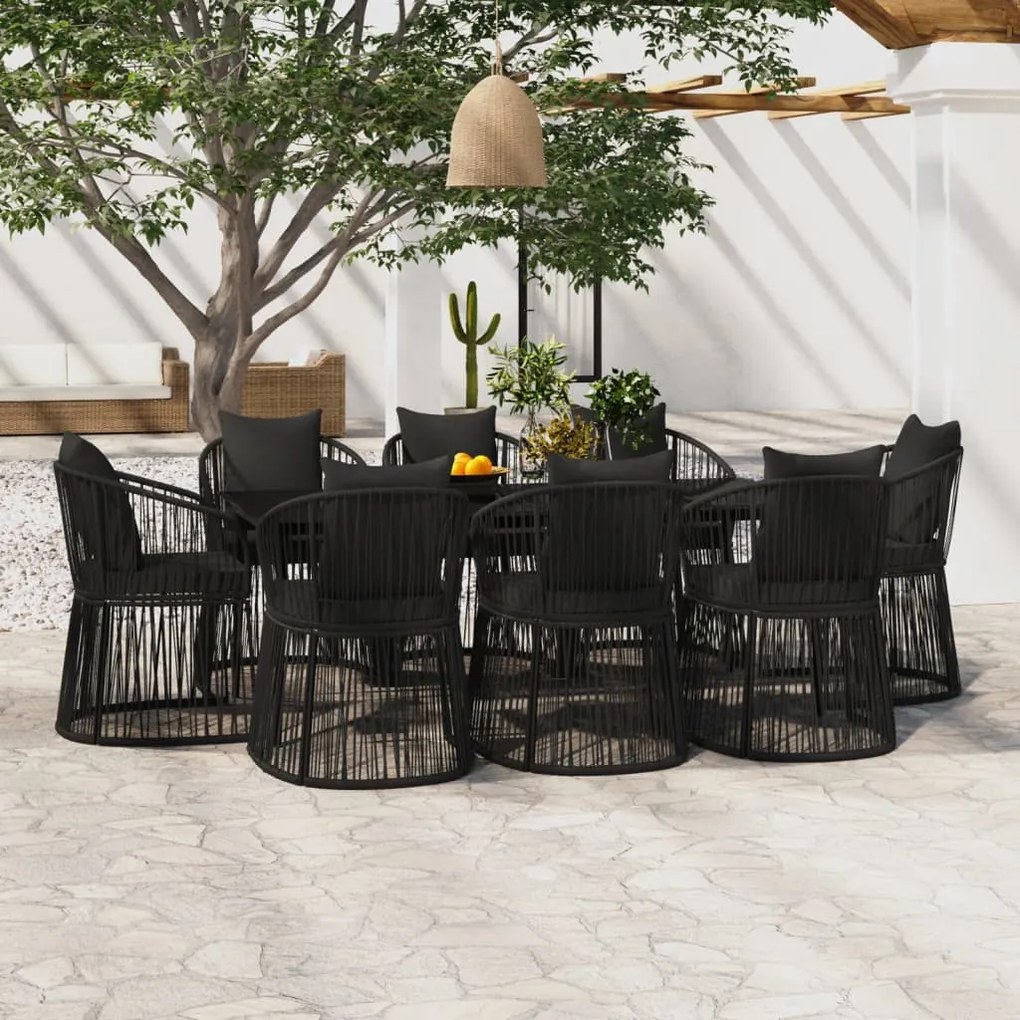 9 pcs conjunto de jantar para jardim c/ almofadões preto