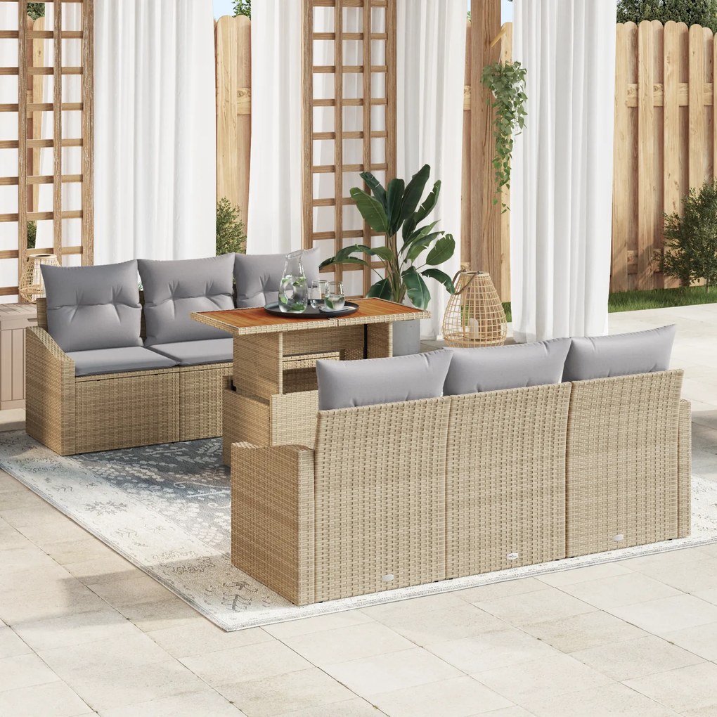 Conjunto de Sofá de Jardim de 7 Peças com Almofadas Bege em Rattan Sin
