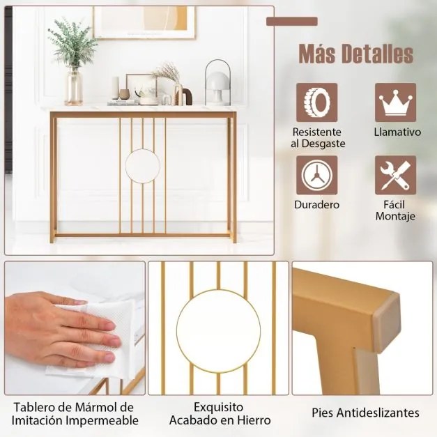 Mesa Consola de Entrada Moderna Mesa Auxiliar Grande com tampo imitação mármore 120 x 30 x 80,5 cm Dourada e branca