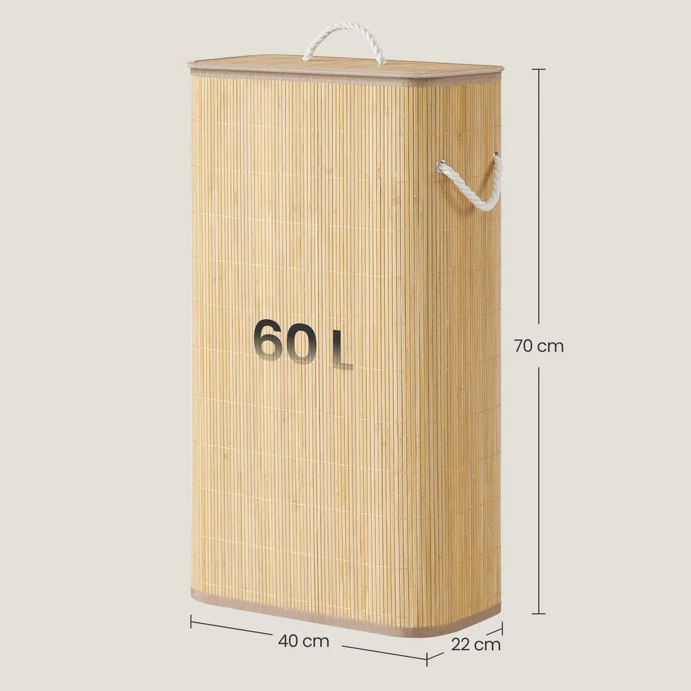 Cesto da roupa suja com tampa, 60 L, cesto de bambu 40 x 22 x 70 cm cor natural