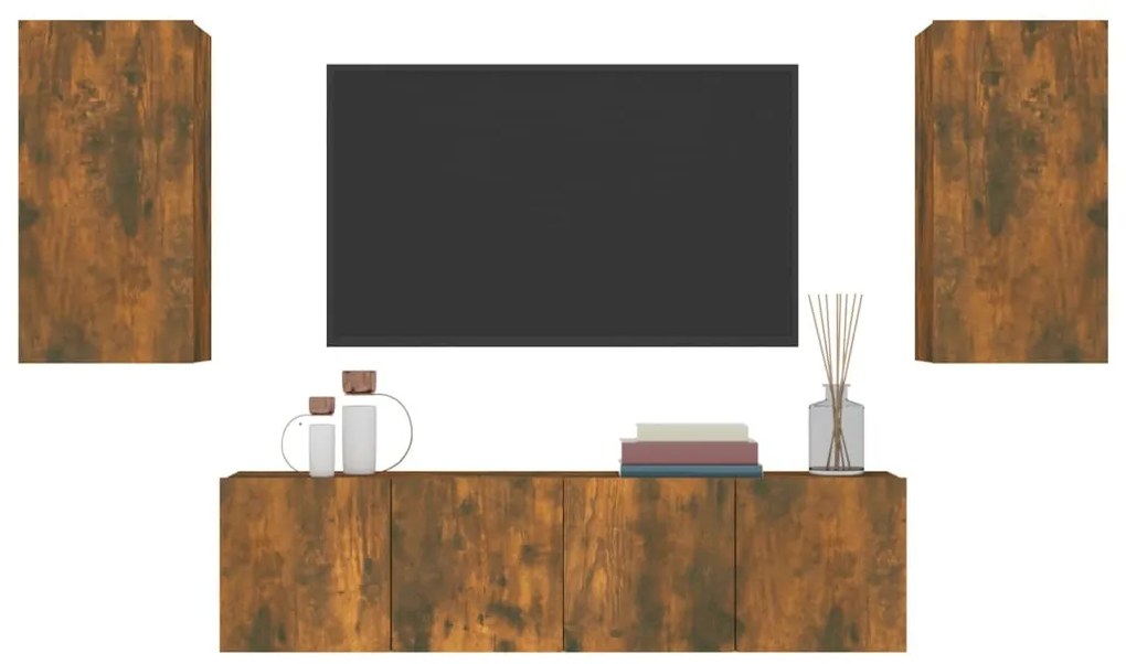 Conjunto móveis de TV 4 pcs madeira processada carvalho fumado