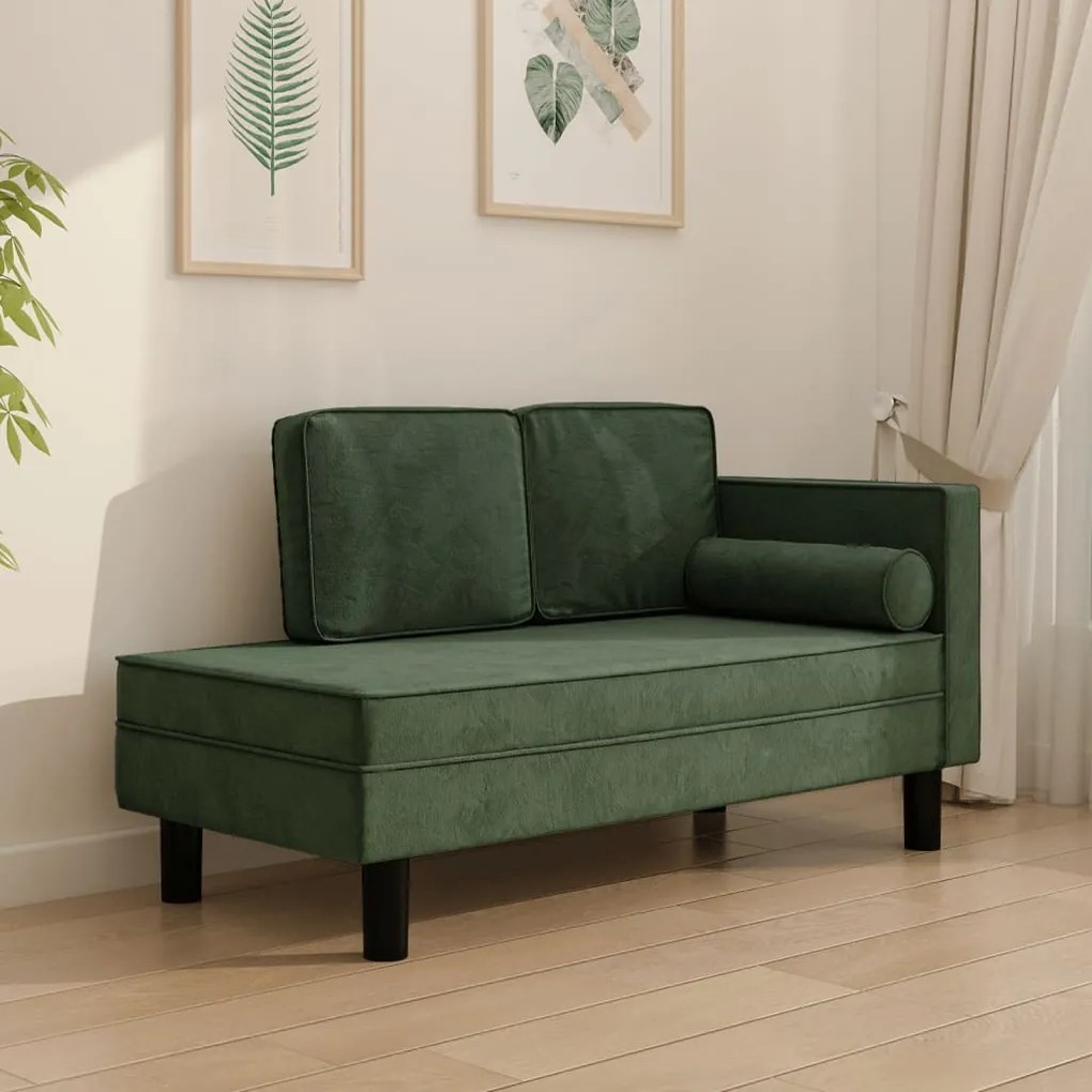 vidaXL Chaise longue com almofadões e rolo veludo verde-escuro