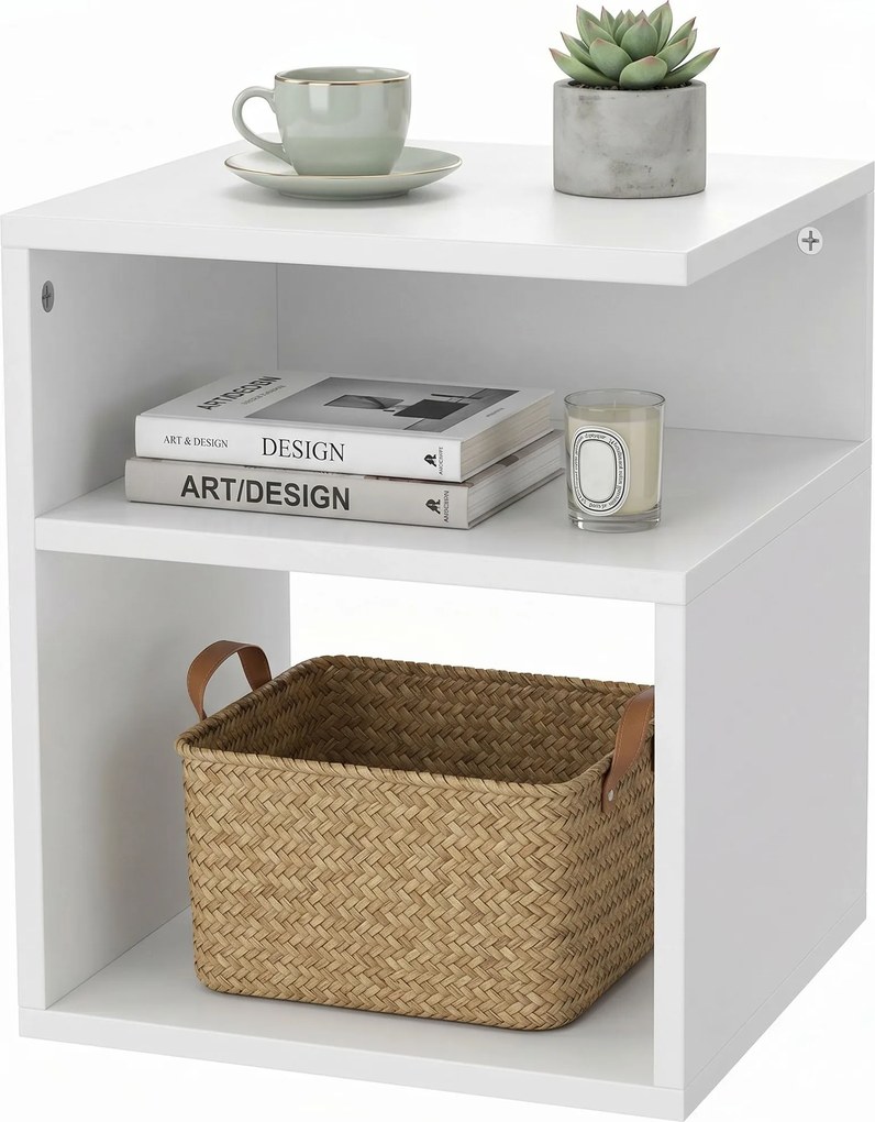 Mesa auxiliar, mesa de centro moderna 35 x 35 x 41,5 cm de 3 níveis com prateleiras abertas, para sala de estar, quarto ou escritório, branca