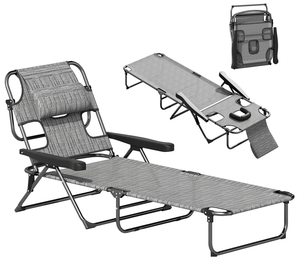 Outsunny Espreguiçadeira Dobrável Jardim Encosto Ajustável 4 Níveis Orifício Leitura Almofada Confortável 194x72x31 cm Cinza | Aosom Portugal