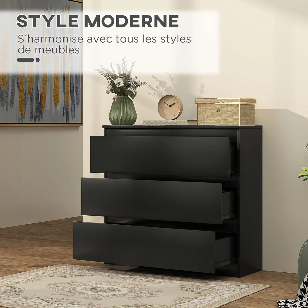 Cómoda com 3 gavetas 80 L x 39 P x 73 A cm, móvel de arrumação de linhas simples para o quarto, interior, preto