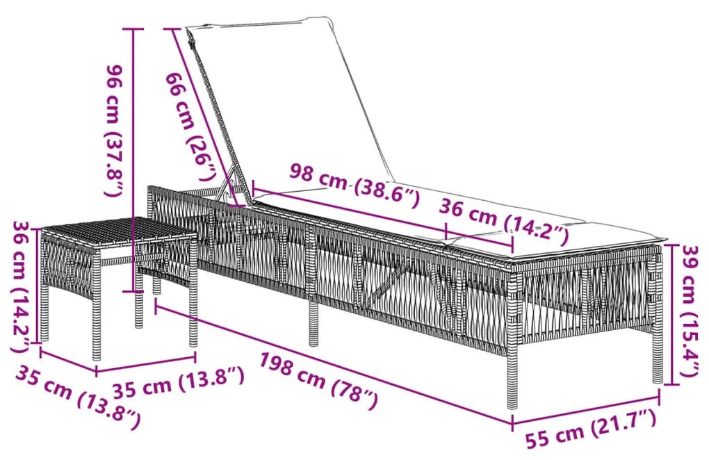 Espreguiçadeiras com mesa 2 pcs vime PE bege