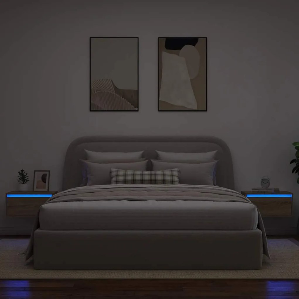 Mesas de cabeceira de parede com luzes LED 2pcs carvalho sonoma