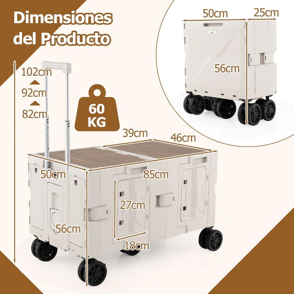 Carrinho utilitário grande com caixas de armazenamento de 2 níveis, 5 rodas, carrinho portátil dobrável para compras, campismo, branco