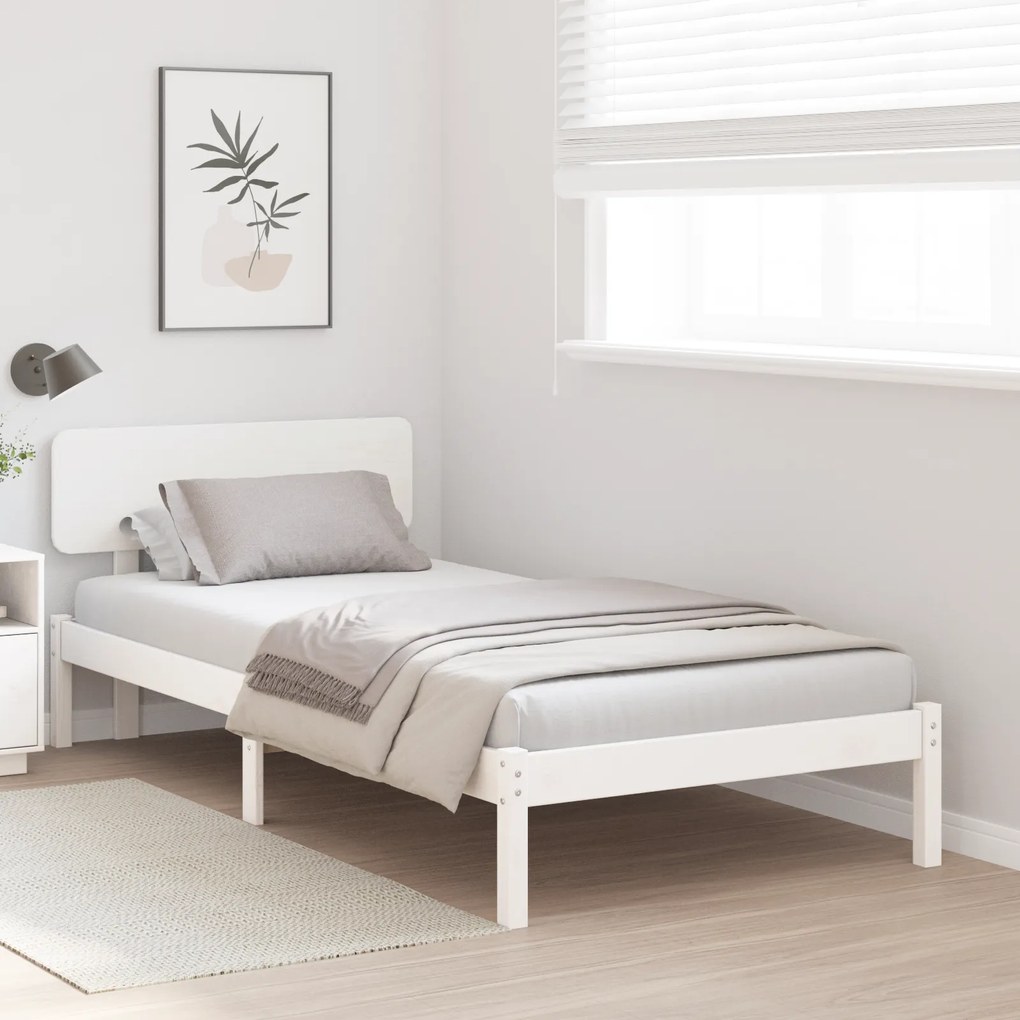 Estrado de Cama com Cabeceira Branca 90x200 cm Madeira de Pinho Maciça