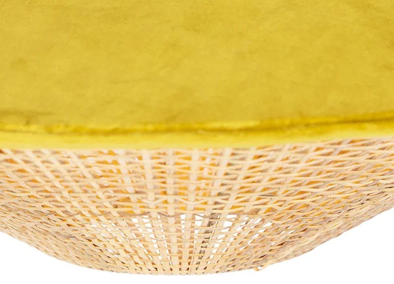 Candeeiro Pendente Estilo Campestre Veludo Amarelo com Ratan 60cm - Frills Can Country / Rústico,Oriental