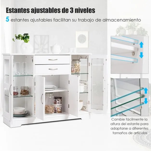 Aparador com Portas de Vidro Temperado com 2 Gavetas Organizador de Cozinha para Cozinha Jantar Sala de Estar 107 x 30 x 82 cm Branco