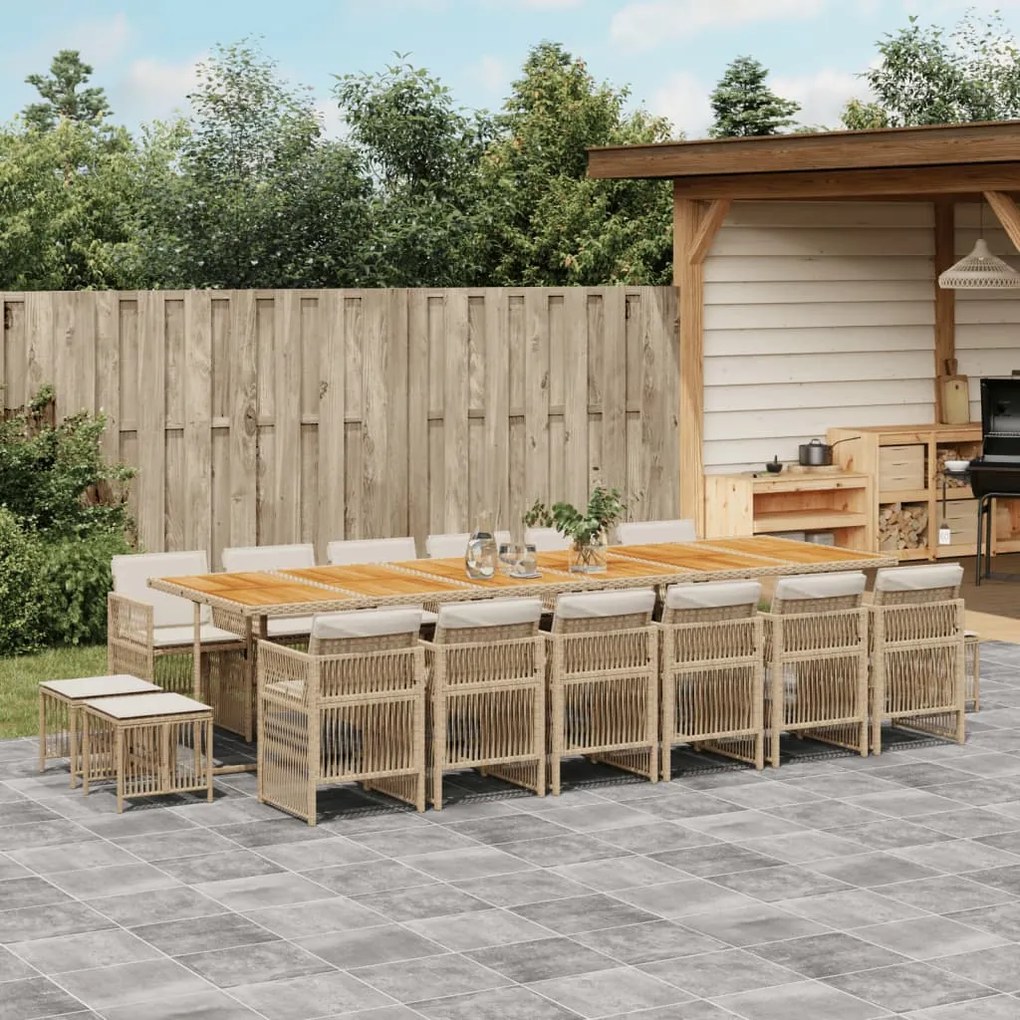 vidaXL 17 pcs conjunto de jantar p/ jardim c/ almofadões vime PE bege