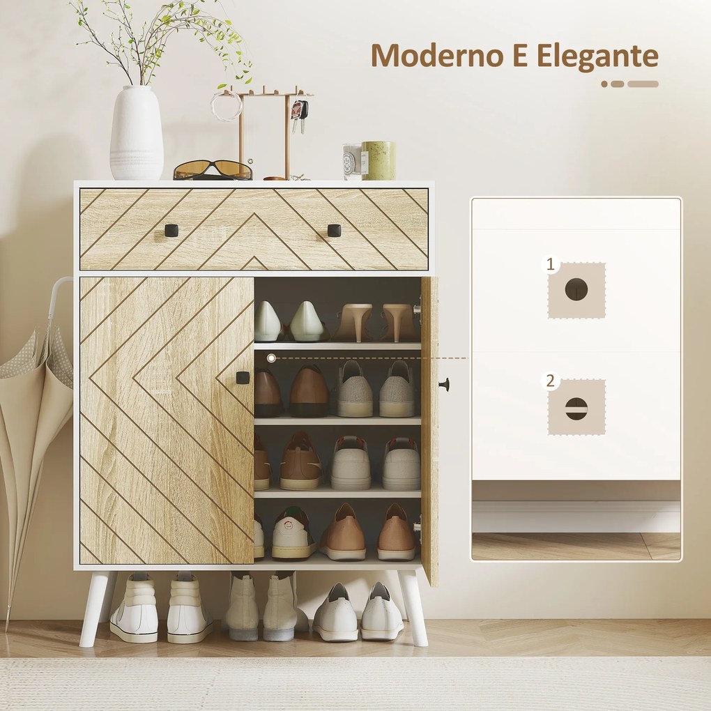 Sapateira de 2 Portas com Design em Espiga Prateleiras Ajustáveis Gaveta para 12 Pares de Sapatos 75x35x97 cm, Branco e Madeira