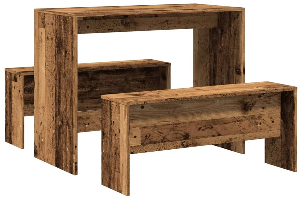 3 pcs conj. mesa jantar e banco deriv. de madeira madeira velha
