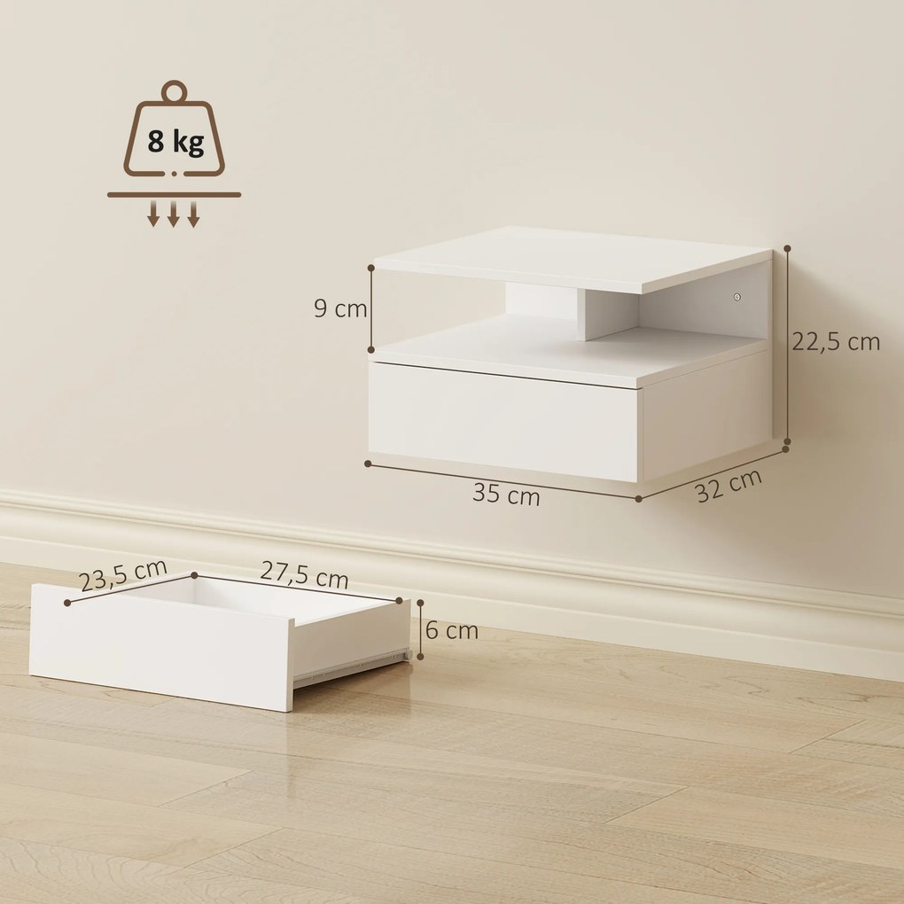 Conjunto de Mesas de Cabeceira Suspensas com Gaveta Montadas na Parede 35x32x22,5 cm Branco