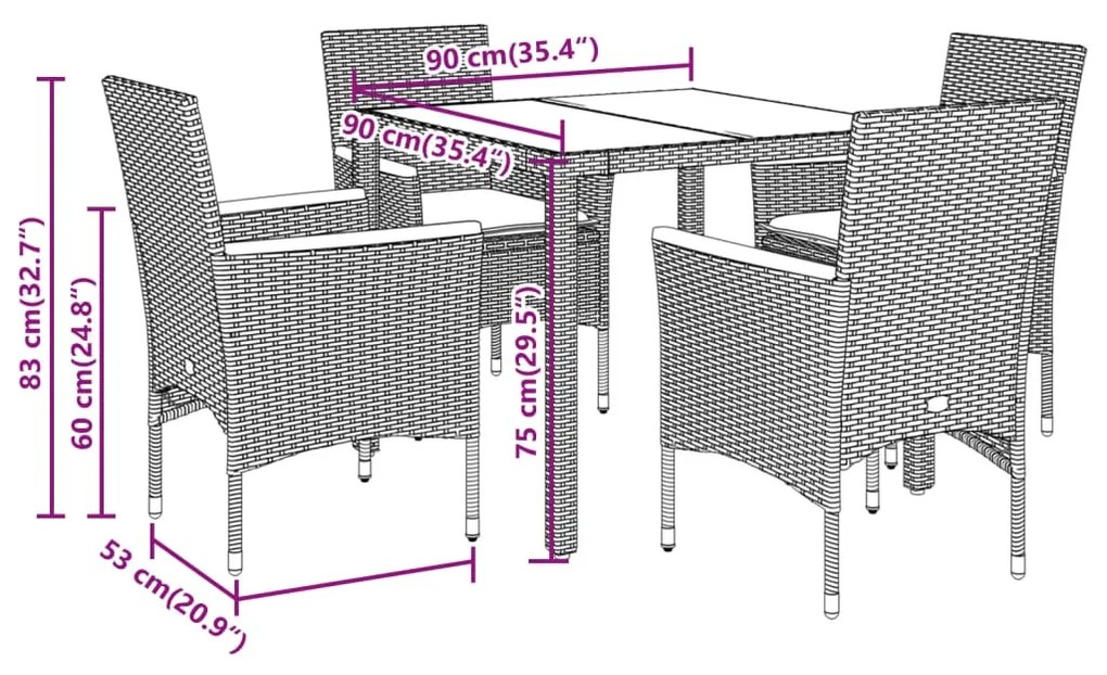 5 pcs conjunto jantar jardim c/ almofadões vime PE/acácia cinza