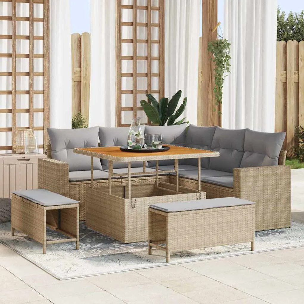 vidaXL Conjunto de sofá de jardim de 8 peças com almofadas bege em rattan de polietileno e acácia