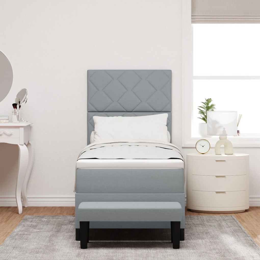 Cama Box Spring com Colchão e Banco Cinza Claro 80x200 cm Tecido