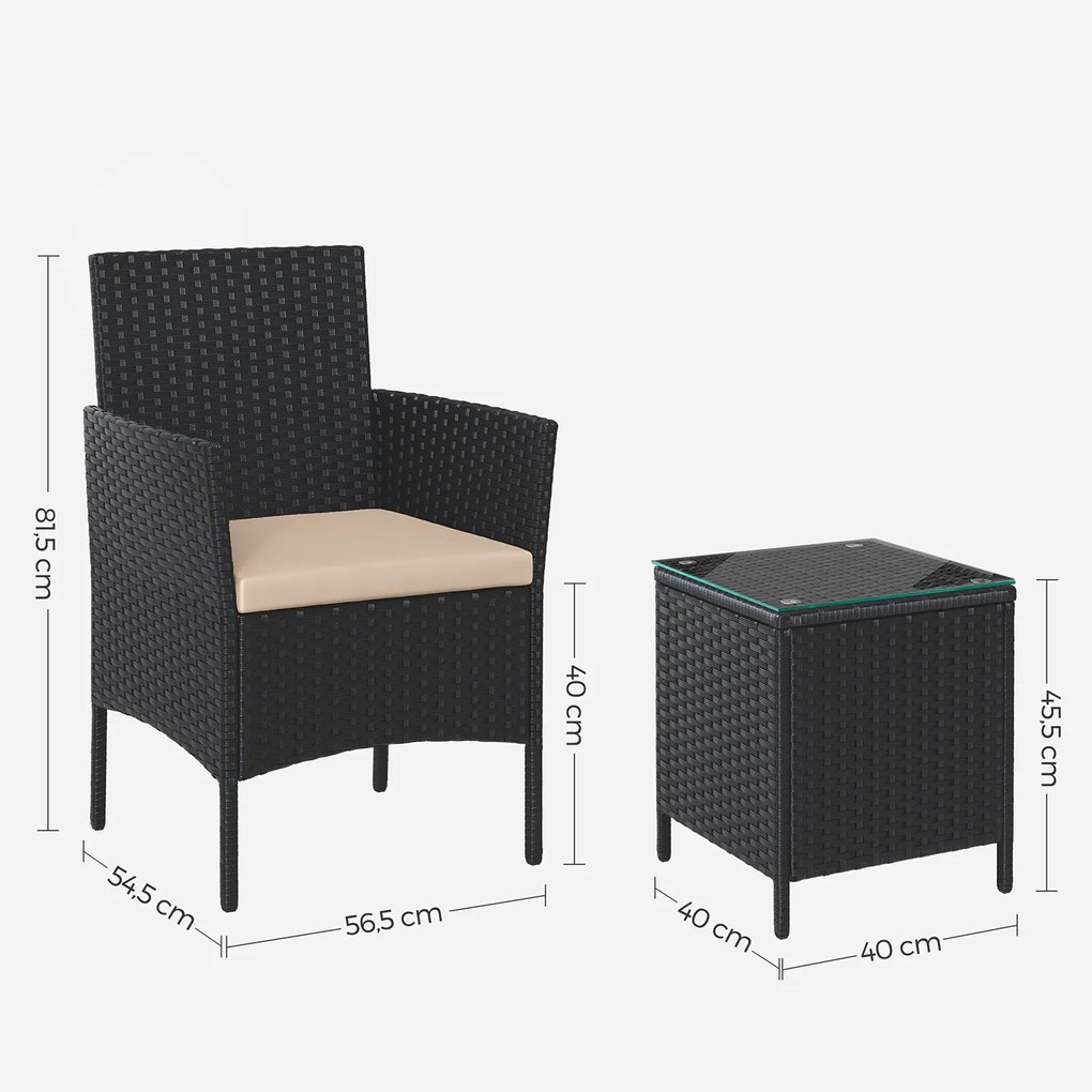 Conjunto de jardim com mesa e 2 cadeiras Preto-taupe