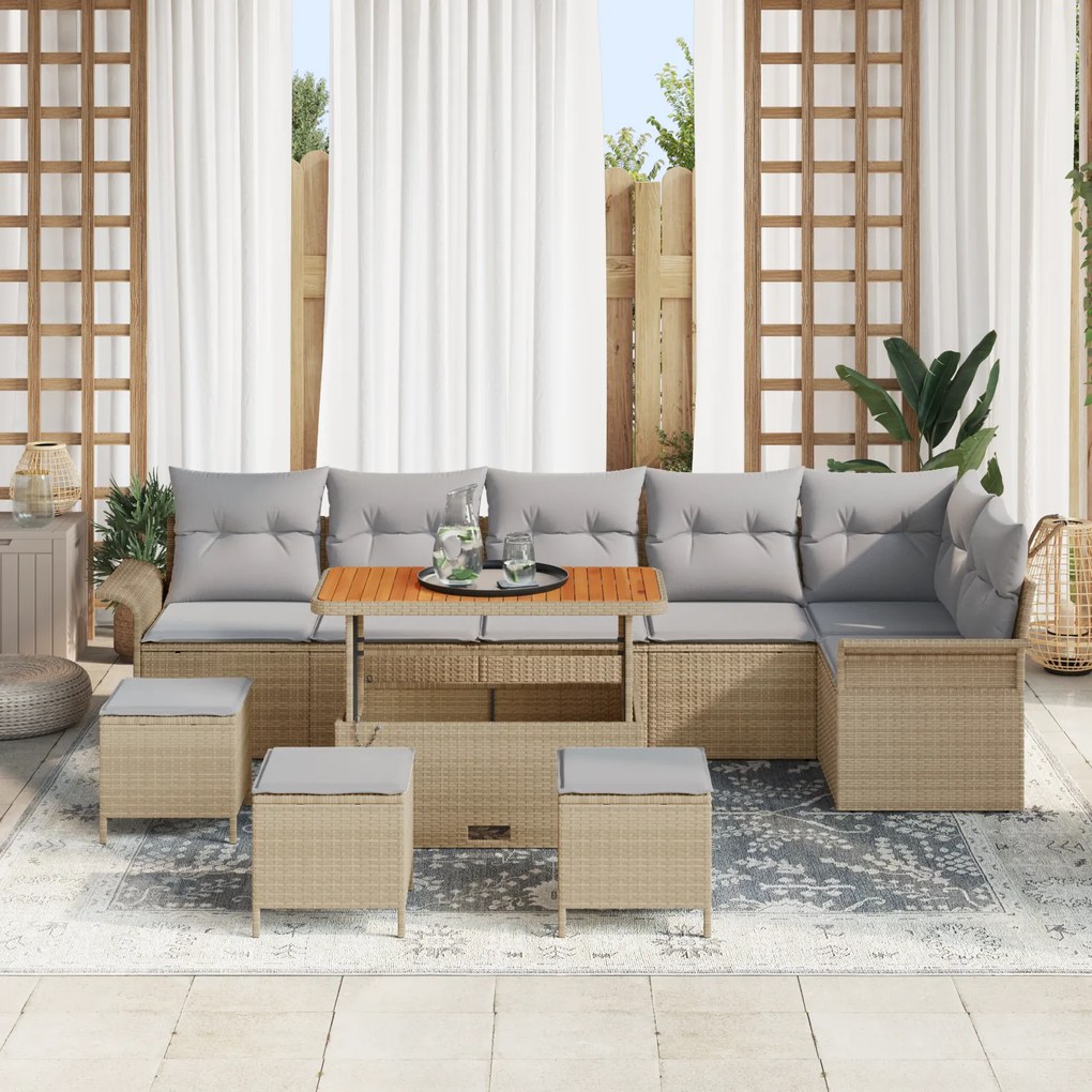 Conjunto de Sofá de Jardim de 10 Peças com Almofadas Bege Rattan Acáci