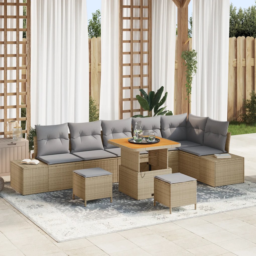 Conjunto de Sofá de Jardim de 9 Peças com Almofadas Bege Rattan Sintético Acácia