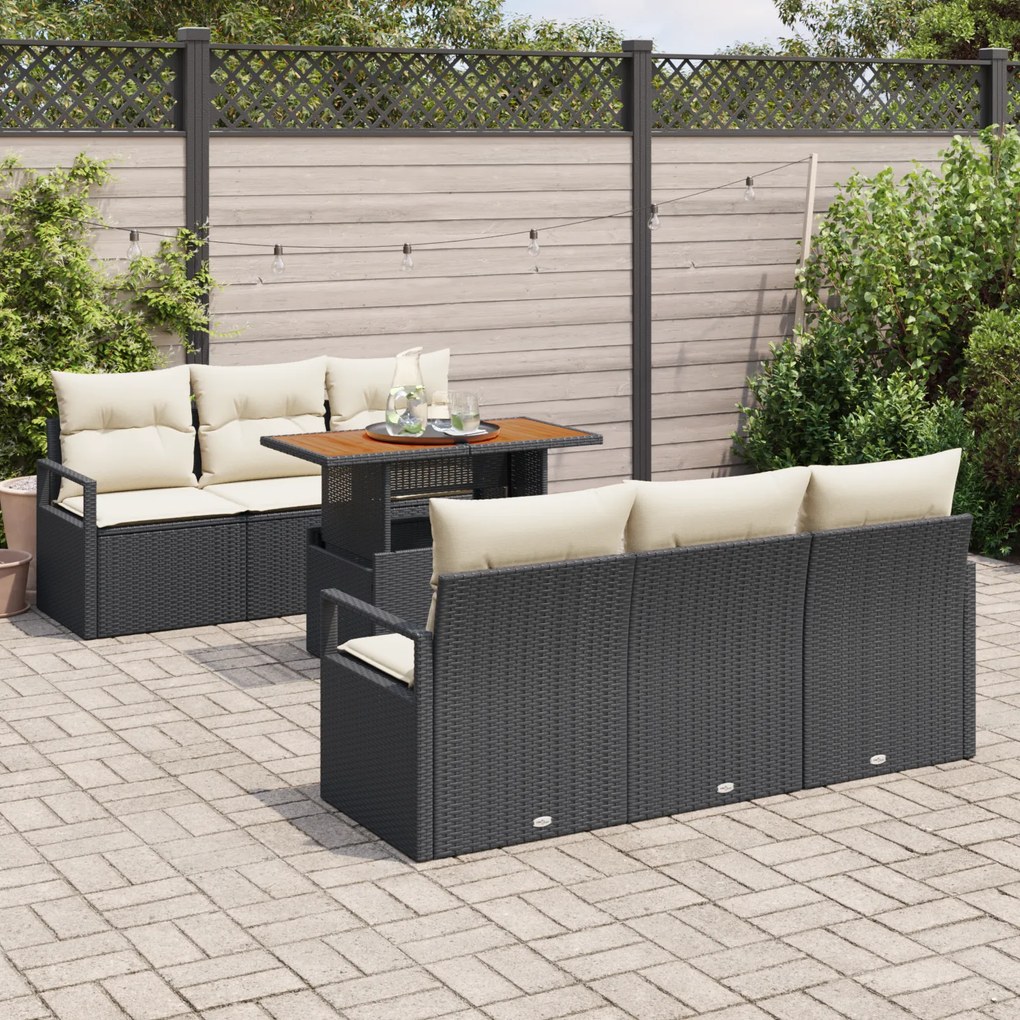 Conjunto de Sofá de Jardim vidaXL com Almofadas Preto Rattan Poliéster