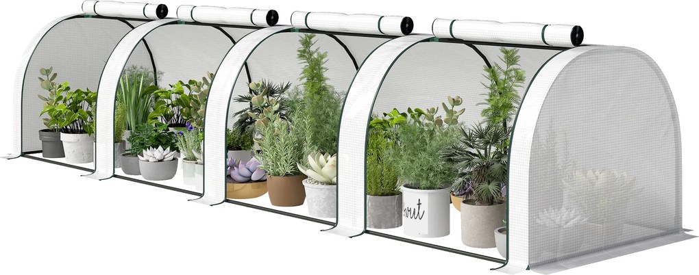 Mini estufa de jardim para tomates, 4 x 1 x 0,80 m, em aço e PE anti-UV, com 4 portas enroláveis com fecho de correr, branca