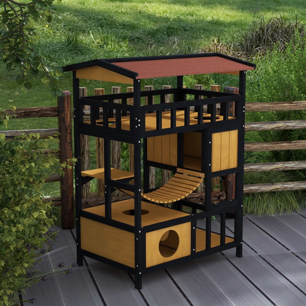 Casa para Gatos de Madeira 84x60x116 cm Abrigo para Gatos de 4 Níveis para Exterior com Ponte Suspensa Varanda Natural