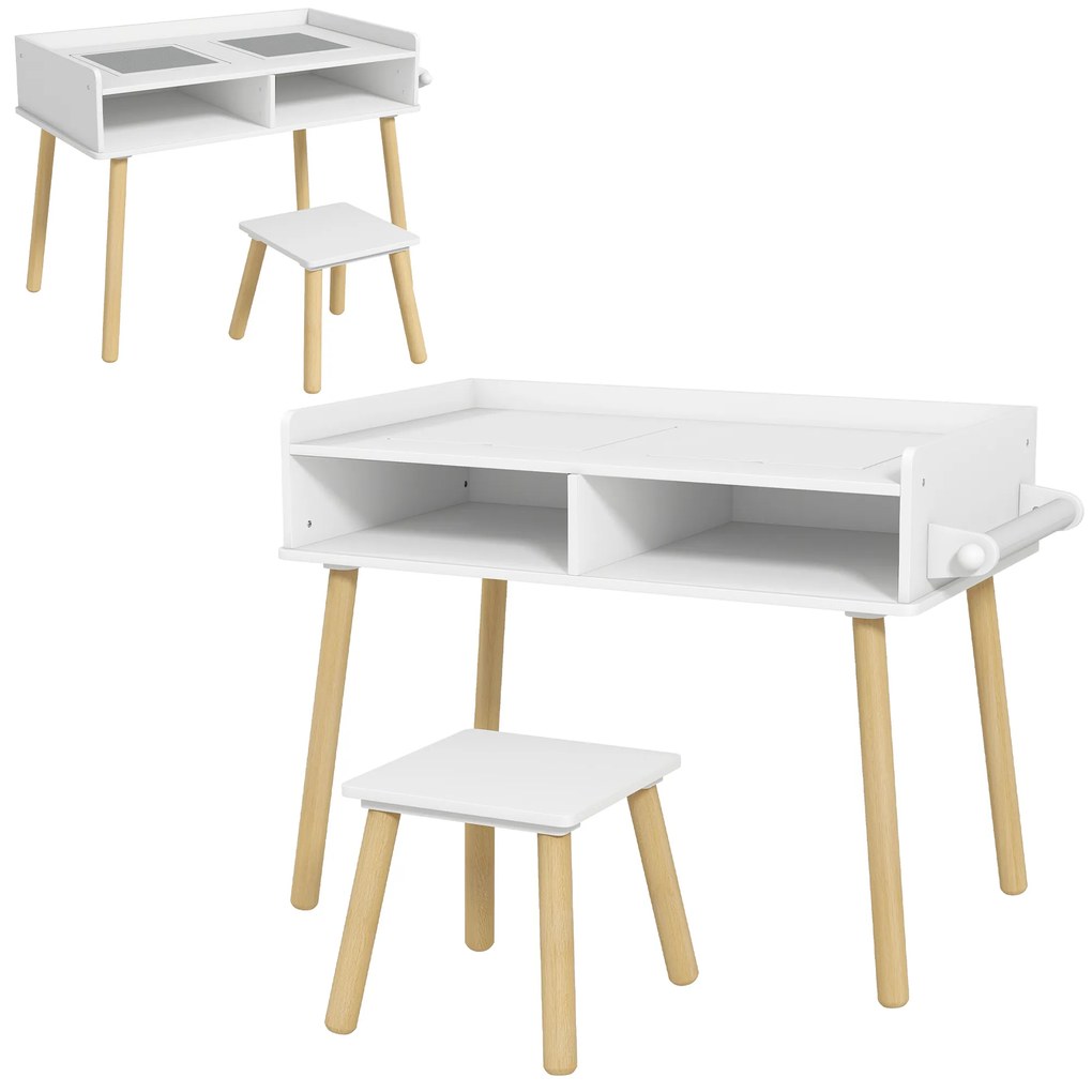 HOMCOM Conjunto de Mesa e Cadeira Infantil Mesa para Crianças com Bancada de Blocos de Construção e Rolo de Papel Branco | Aosom Portugal