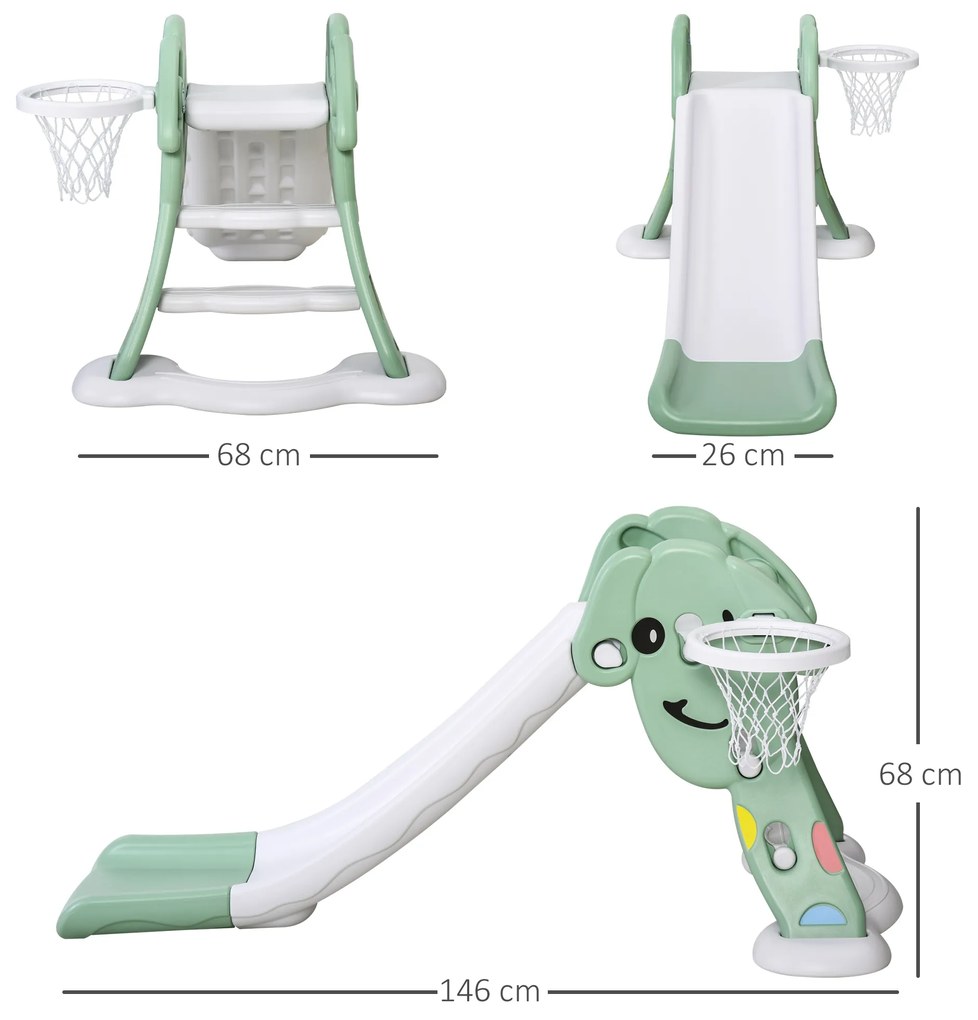 HOMCOM Escorrega infantil para crianças acima de 2 anos com cesta de basquete Interior e exterior carga 25 kg Acessórios incluídos 160x35x68 cm Verde e Branco