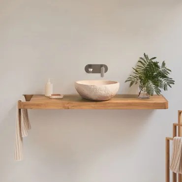 Conjunto De Móvel De Casa De Banho 130x45 Cm Suspenso Em Madeira De Teca Neill Madeira De Teca & Sem Espelho & Irregular Em Cimento Bege ↔︎40 Cm Fedro